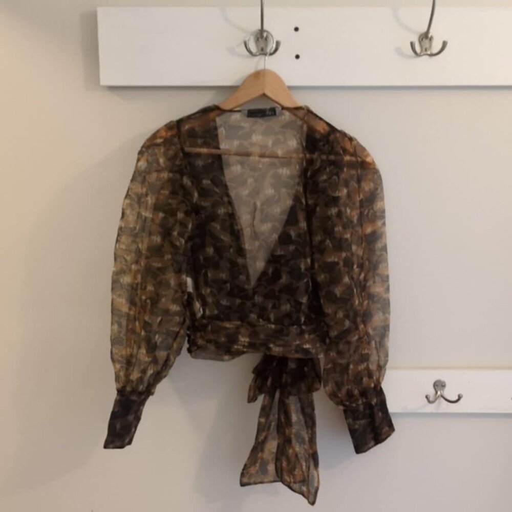 Zara Organza Semi Sheer Blouse Sz Small Bow Pirate Chiffon Wrap Going Out Earthy - Picture 5 of 7